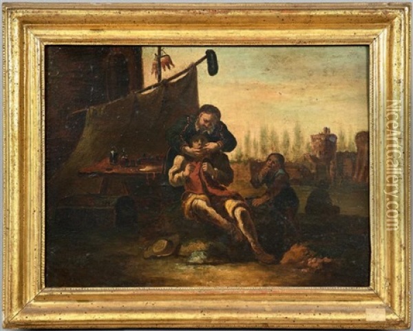 L'arracheur De Dents, Bergere Offrant De L'eau A Un Cavalier (2 Works) Oil Painting - Pietro Domenico Olivero
