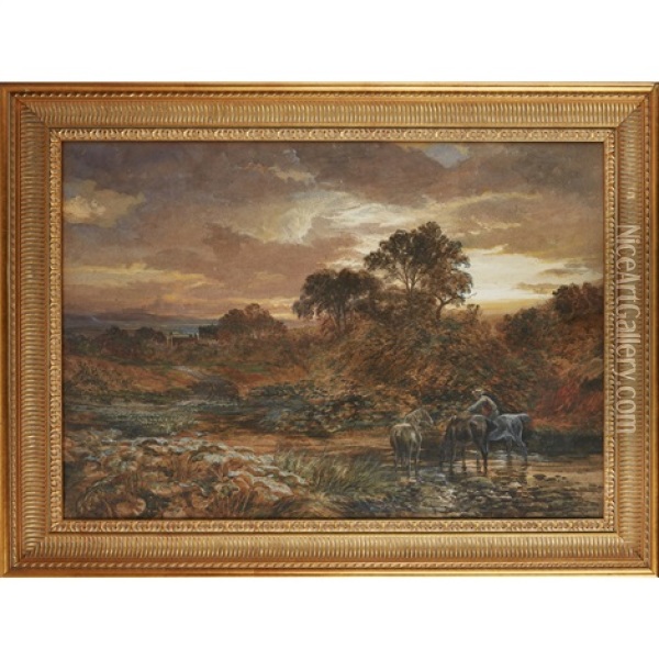 Horses In A Stream, And Distant Landscape Oil Painting - Samuel Bough