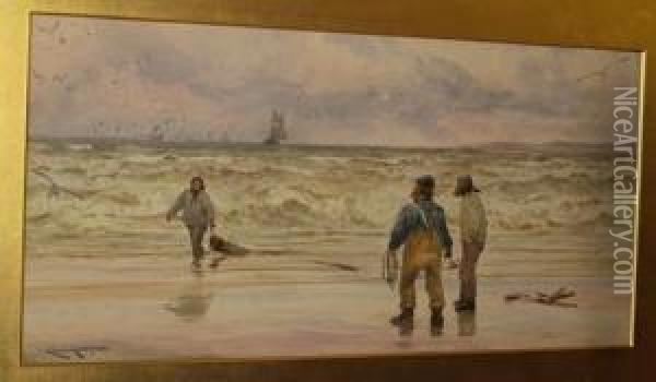 Fishermen On The Shore Gathering Driftwood Oil Painting - Charles Mottram