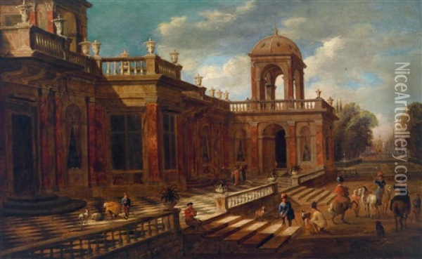 A Capriccio With The View Of A Palace And Mounted Huntsmen Oil Painting - Jacob Ferdinand Saeys