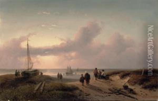 Fishermen Enjoying The Sunset Oil Painting - Charles Henri Leickert