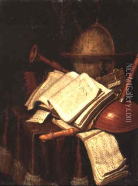A Globe, Musical Instruments, A Score And Books On A Draped Table Oil Painting - Edward Collier