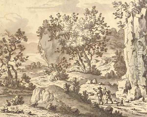 A rocky landscape with travellers on a path Oil Painting - Josua de Grave