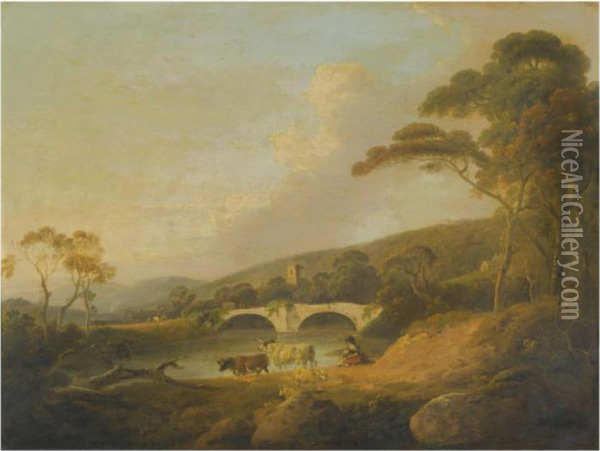 Landscape With Livestock And Figures Beside A River Oil Painting - Julius Caesar Ibbetson