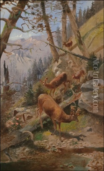 Glacier Park Deer Oil Painting - Charles Marion Russell