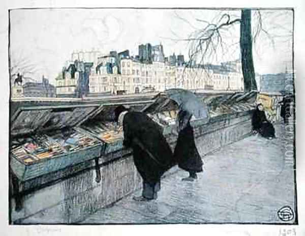 Bouquinistes along the left bank of the Seine near the Pont Neuf Paris Oil Painting - Georges Dupuis
