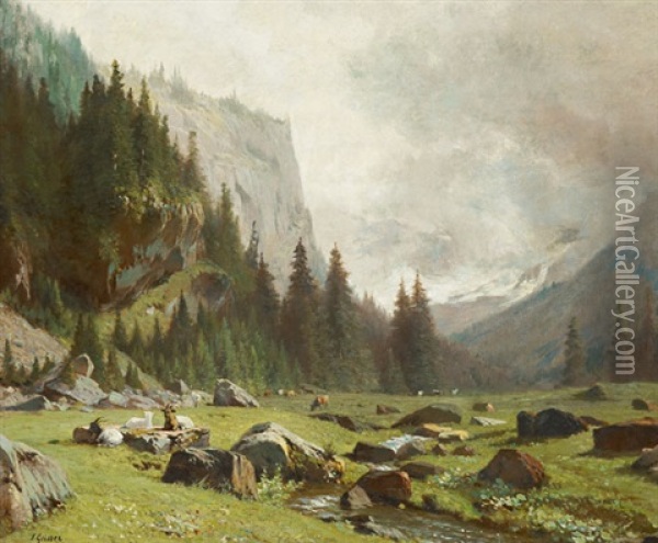 Troupeau Dans L'alpe Oil Painting - Johann-Joseph Geisser