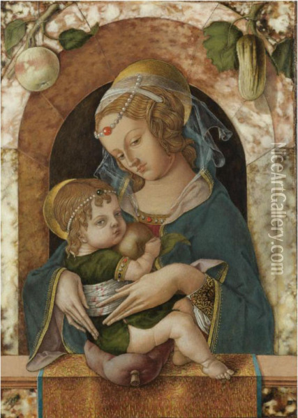 The Madonna And Child At A Marble Parapet, An Apple And A Gourdhanging From A Niche Behind Oil Painting - Carlo Crivelli