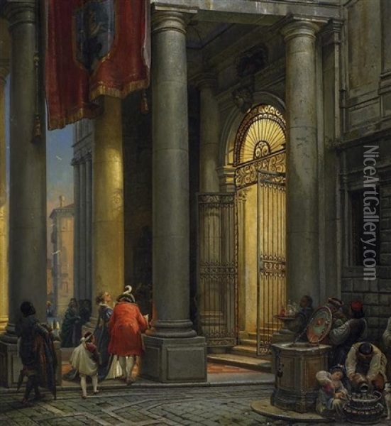 Palazzo Pisani. Einzug Einer Abendlichen Festgesellschaft In Den Palazzo Pisani Zu Venedig Oil Painting - Friedrich Nerly