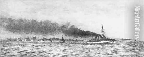 A flotilla of destroyers under attack, possible at Jutland Oil Painting - William Lionel Wyllie