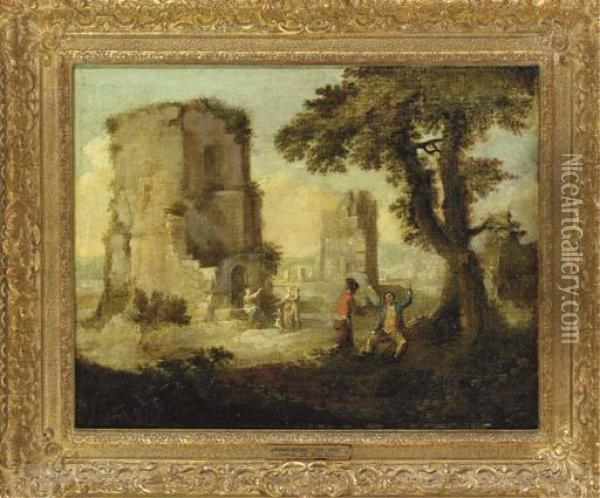 Figures Amongst Ruins In A Landscape Oil Painting - Julius Caesar Ibbetson