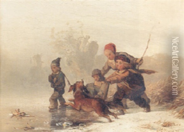 Children Playing At The Edge Of A Frozen Lake Oil Painting - Carl Hilgers