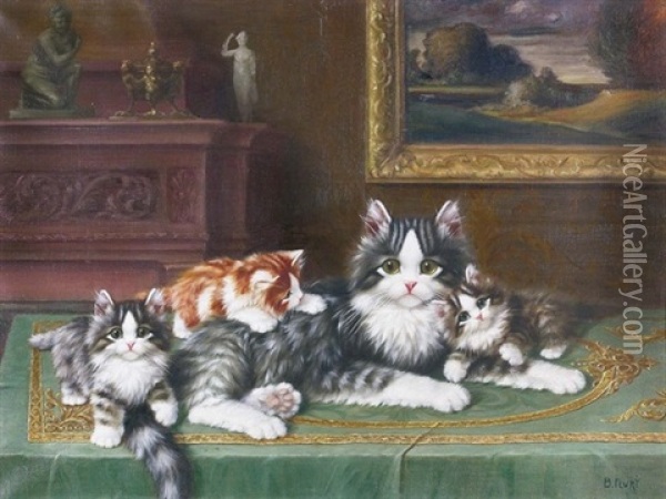 Interieur Mit Katzenmutter Und Drei Jungen Oil Painting - Burkhard Flury