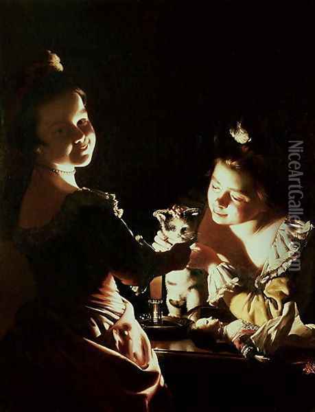 Two Girls decorating a kitten Oil Painting - Josepf Wright Of Derby