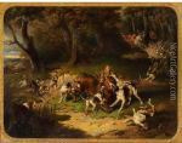 A Hunt, With Dogs Attacking A Stag Oil Painting - Carl Fredrik Kioerboe
