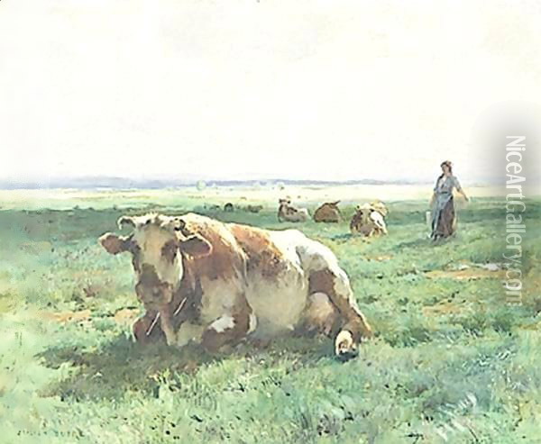 Cows At Pasture 2 Oil Painting - Julien Dupre
