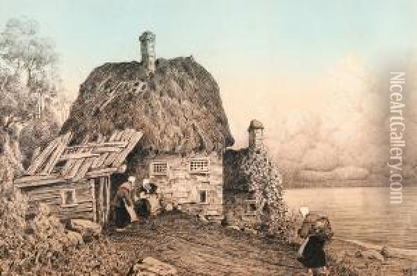 Breton Villagewomen By A Thatch-roofed Cottage Oil Painting - Viktor Ivanovich Zarubin