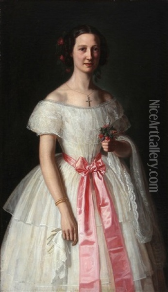 Portrait Of Elisabeth Alexandra Mourier In Her White Wedding Dress With A Pink Silk Ribbon Around Her Waist, Roses In Her Hair And A Shining Wedding Ring Oil Painting - Johan Didrik (John) Frisch