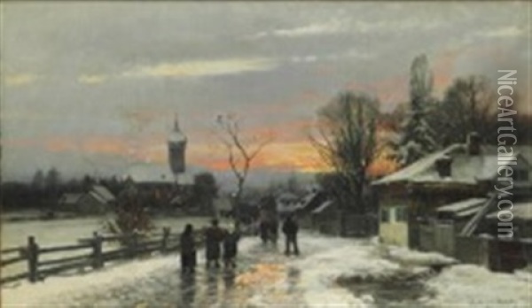 People On Their Way To Church On A Winter Evening, Munich Oil Painting - Anders Andersen-Lundby