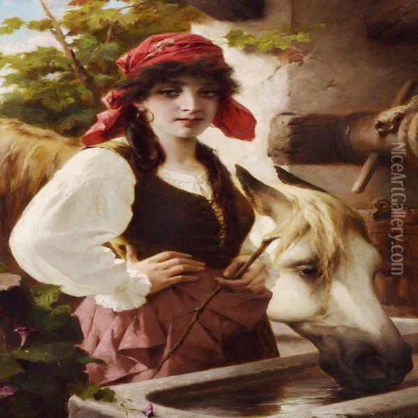 Italian Peasant Girl With A White Horse Oil Painting - Luigi Crosio
