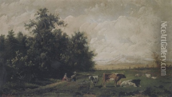 Pastoral Landscape With Cattle And Figures Oil Painting - William M. Hart