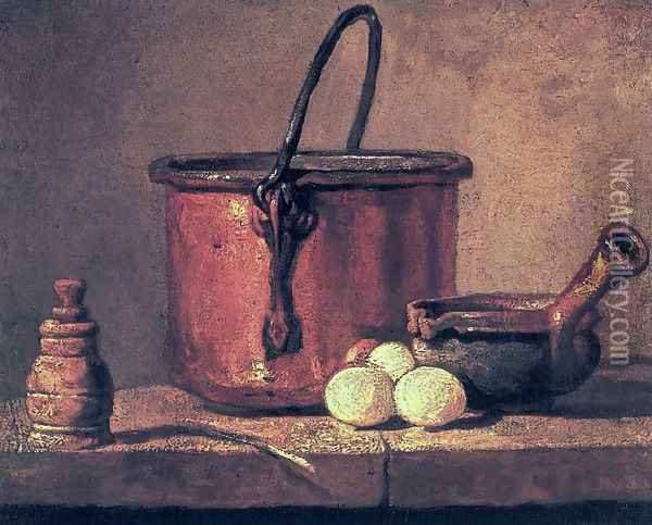 Still Life With Copper Cauldron And Eggs Oil Painting - Jean-Baptiste-Simeon Chardin