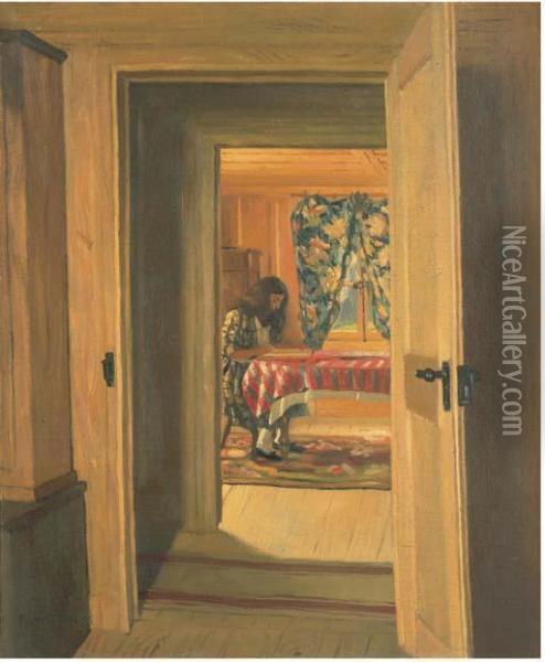 Interieur, Jeune Fille Ecrivant Oil Painting - Felix Edouard Vallotton