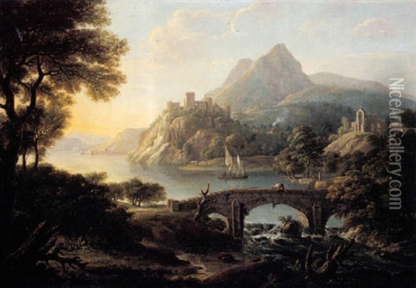 Claudian Landscape With A Castle, Abbey, Bridge And Mountains Oil Painting - Copleston Warre Bampfylde