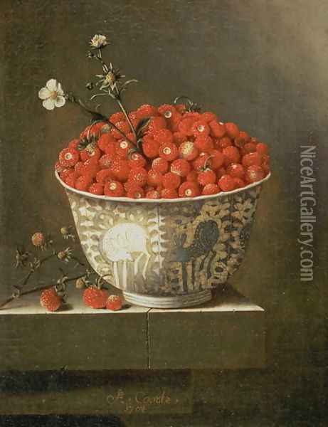 Still Life with Wild Strawberries in a Chinese Bowl Oil Painting - Adriaen Coorte