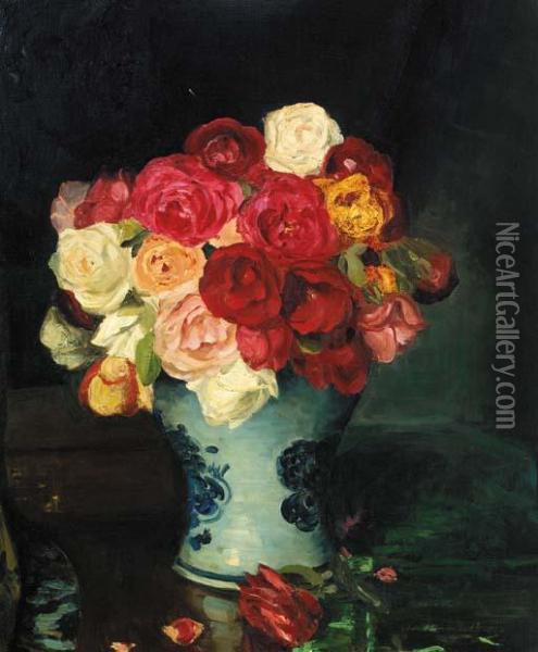 Roses In A Delft Vase Oil Painting - Edward Drummond Young