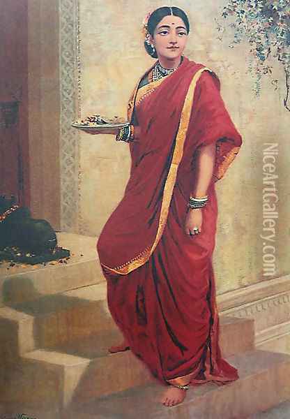 Lady Going for Pooja Oil Painting - Raja Ravi Varma