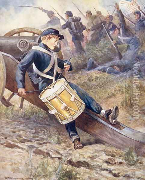 He crawled behind a cannon and pale and paler grew illustration from Ballads of Famous Fights Oil Painting - William Henry Charles Groome