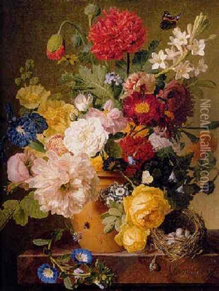 A Peony, Roses, An Iris And Other Flowers In A Terracotta Vase On A Marble Ledge Oil Painting - Jan Frans Van Dael