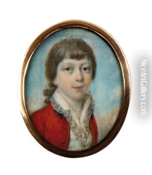 Portrait D'un Jeune Garcon En Habit Rouge Et Chemise Entrouverte Bordee De Dentelle Blanche Oil Painting - Henry Edridge