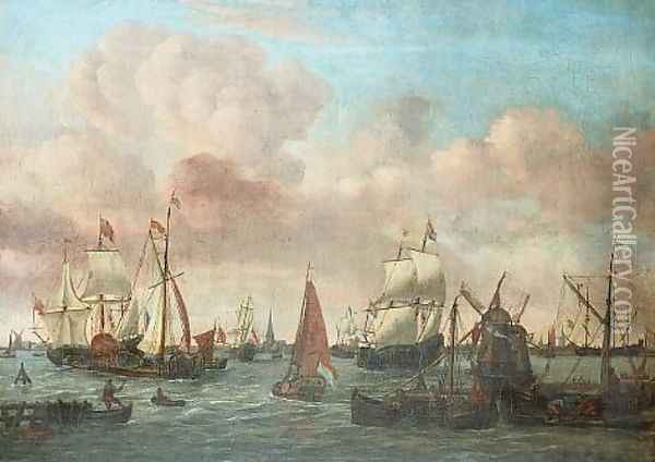 Dutch shipping off a coastal town Oil Painting - Johannes de Blaauw