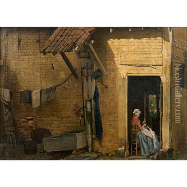 Jeune Femme Cousant A L'oree D'une Courette Oil Painting - Jan David Col