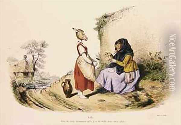 An Owl telling the fortune of a Donkey Oil Painting - J. J. Grandville