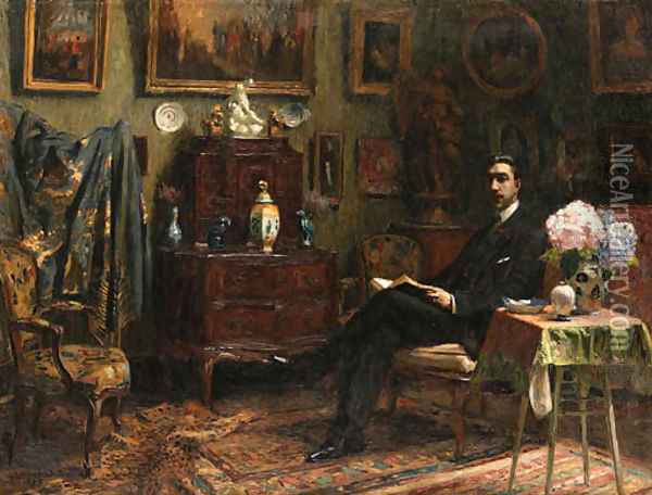 A gentleman reading in an interior Oil Painting - Gabriel Deluc