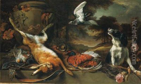 A Spaniel And A Pigeon With A 
Brace Of Partridge, A Cock Pheasantand A Hare, A Horn, And A Satchel 
With A Stone Urn On A Ledge Withroses In A Wooded Landscape Oil Painting - Jan Weenix