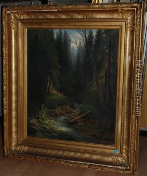 Ziegenhirtin In Einer Waldlichtung Mit Bach Oil Painting - Charles Louis Guigon