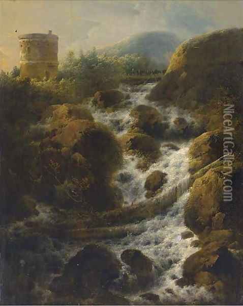 A mountainous landscape with a Roman tower by a stream Oil Painting - Jacob Van Ruisdael