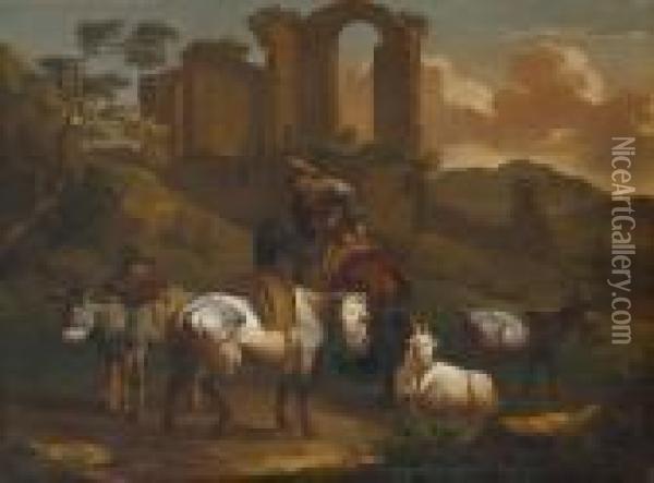 Zwei Hirten Mit Ziegenvor Romischen Ruinen Oil Painting - Philipp Peter Roos