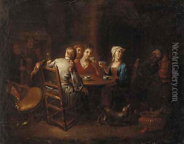Company drinking tea and wine in an inn Oil Painting - Heroman Van Der Mijn