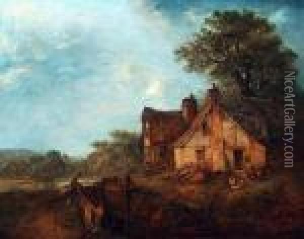 Figures And Chickens Before A Country Cottage Oil Painting - Edward Robert Smythe