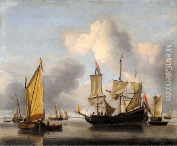 A Dutch Flute, A Smalschip And Other Shipping Offshore In A Calm Oil Painting - Willem van de, the Elder Velde