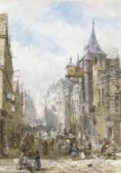 The Canongate Tolbooth Looking Up The Royal Mile Towards The Castle From Holyrood Palace Oil Painting - Louise Rayner