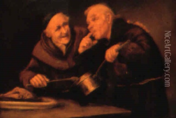 Two Jovial Monks Seated At A Tavern Table Drinking And Eating Oil Painting - Matthew A. Daly