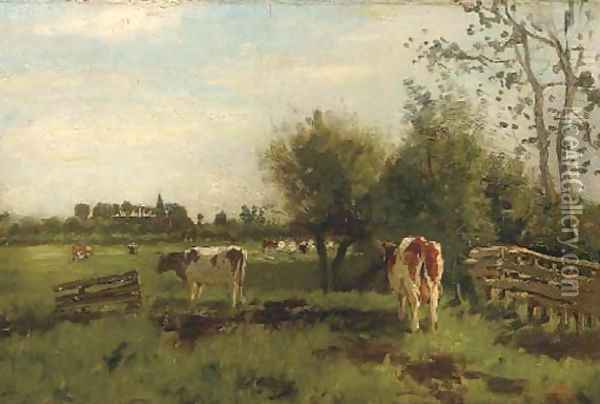 Cows in a meadow in spring, a church beyond Oil Painting - Geo Poggenbeek