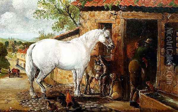 A Grey mare by a smithy Oil Painting - John Charlton