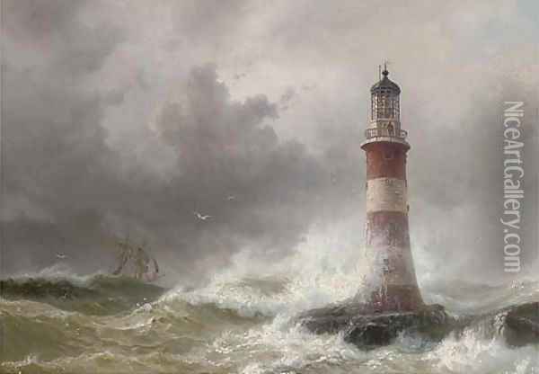 The lonely vigil The Eddystone Lighthouse, heavy weather Oil Painting - Wilhelm Melbye